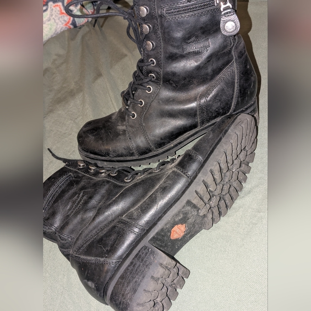 Harley-Davidson Black Leather Lace-Up Boots With Mini Zipper Pockets Y2K Older